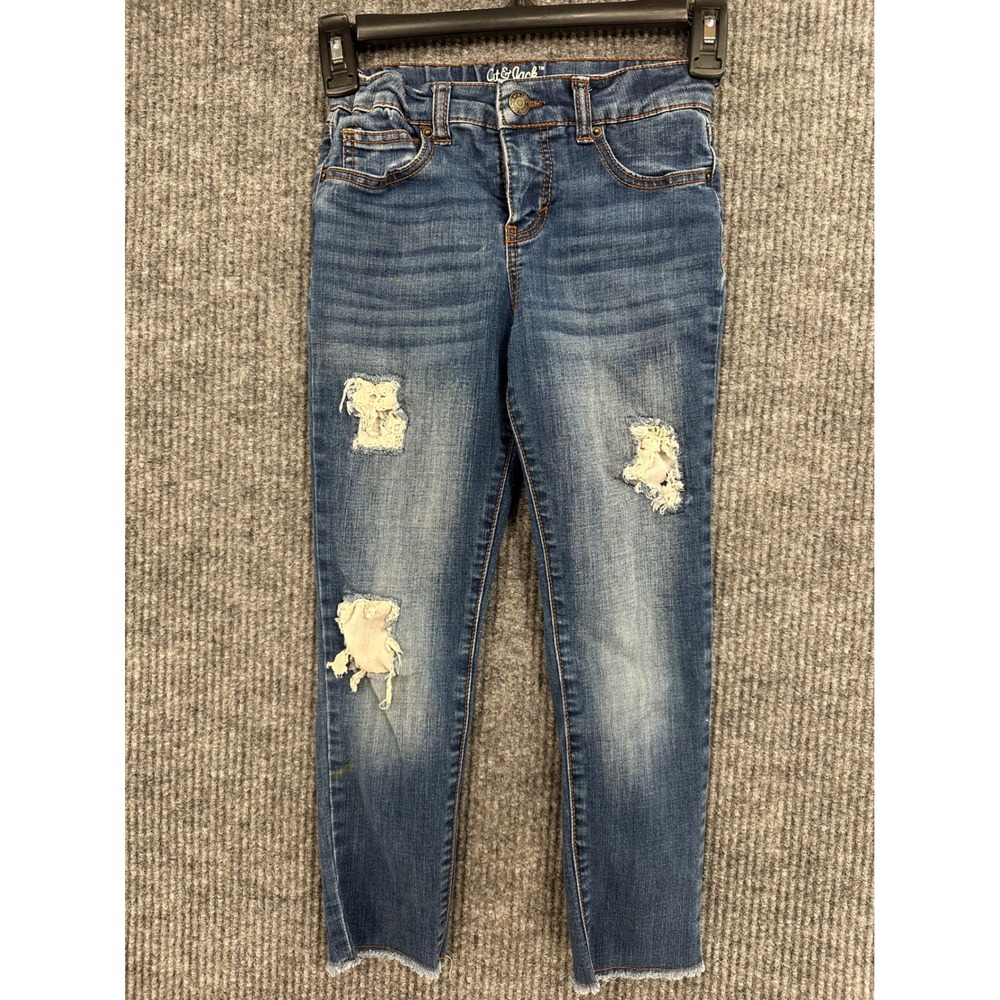 Cat & Jack Jeggings Girls 6X Blue Good Distressed Patched Raw Hem Skinny Jeans